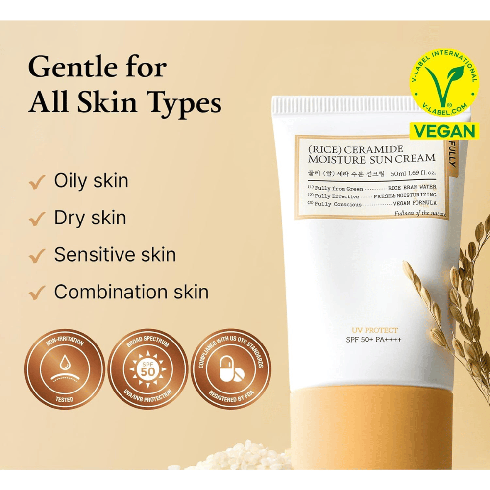 Image informative montrant que la crème solaire convient à tous les types de peau, y compris les peaux grasses, sèches, sensibles et mixtes. L’image met également en avant une formule végane, une protection UV à large spectre et une formulation douce.
