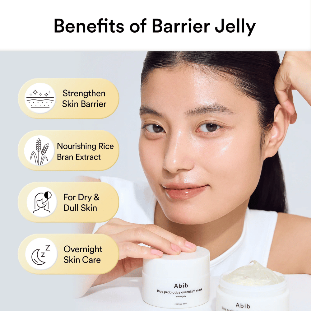 Femme à la peau éclatante pose à côté de Abib Rice Probiotics Overnight Mask. Le texte montre que le produit Avantages : renforce la barrière cutanée, extrait de riz nourrissant, pour peau sèche/terne, et soin de nuit.