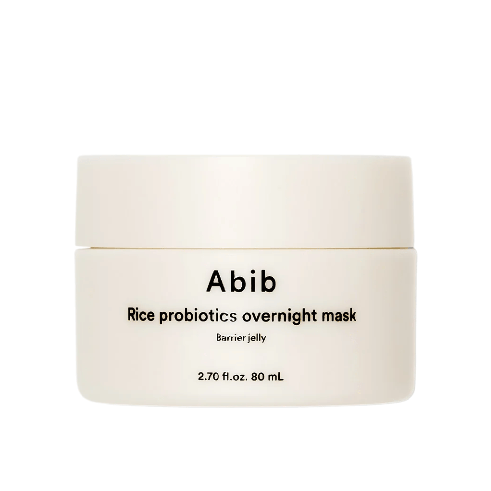Image du produit sur Abib Rice Probiotics Overnight Mask Barrier Jelly - un pot blanc avec du texte noir contenant 80 ml de masque de nuit pour renforcer la barrière cutanée et hydrater la peau.
