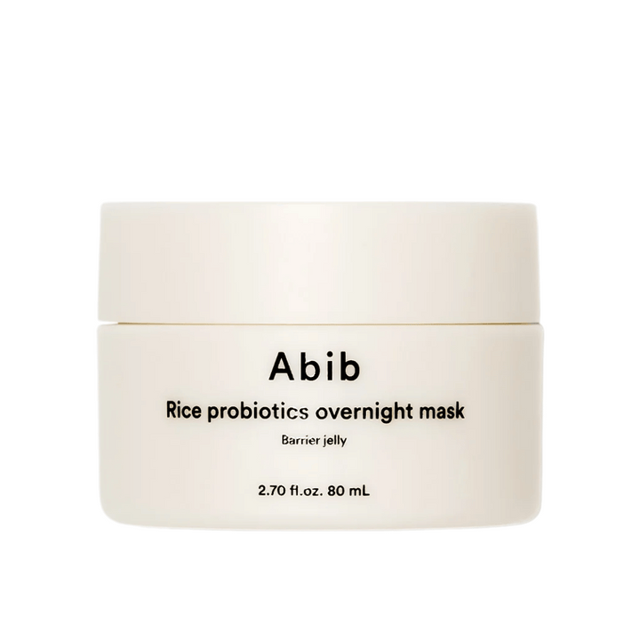 Image du produit sur Abib Rice Probiotics Overnight Mask Barrier Jelly - un pot blanc avec du texte noir contenant 80 ml de masque de nuit pour renforcer la barrière cutanée et hydrater la peau.