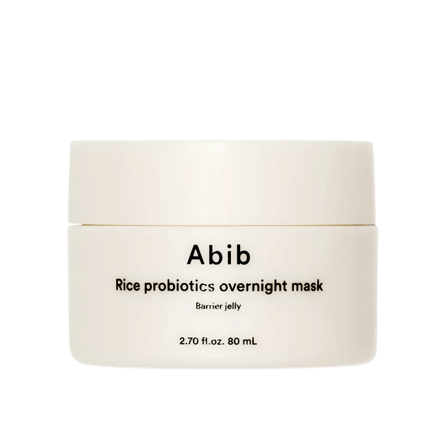 Image du produit sur Abib Rice Probiotics Overnight Mask Barrier Jelly - un pot blanc avec du texte noir contenant 80 ml de masque de nuit pour renforcer la barrière cutanée et hydrater la peau.