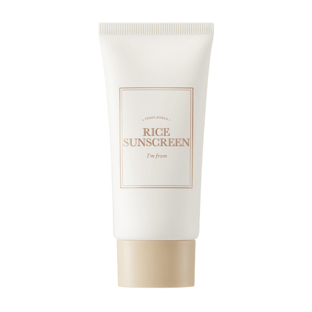 Tube avec "I'm from" Rice Sunscreen SPF50+ PA++++, crème solaire avec extrait de riz.