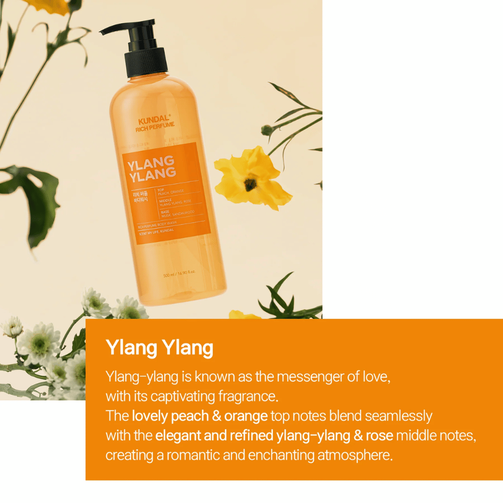 2. KUNDAL Rich Perfume Body Wash Ylang Ylang 500 ml – gel douche au parfum de pêche, orange, ylang-ylang, rose, musc et bois de santal