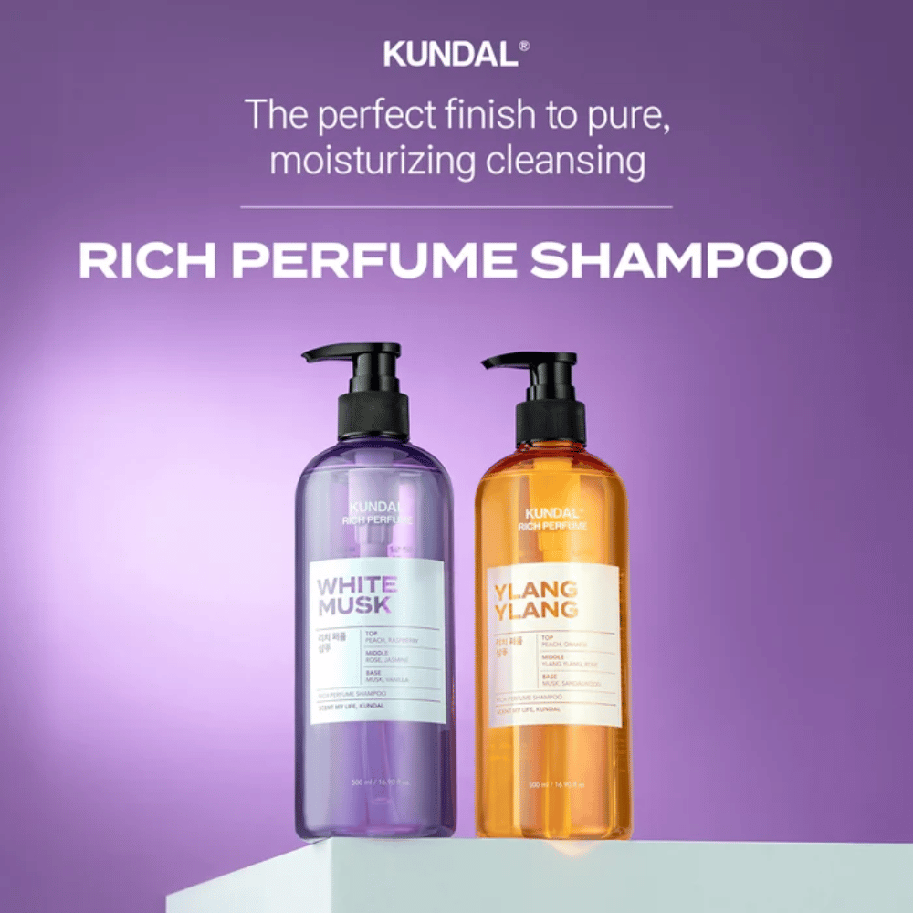 7. KUNDAL Rich Perfume Shampoo White Musk & Ylang Ylang 500 ml – shampoing nettoyant aux propriétés hydratantes en deux variantes de parfum