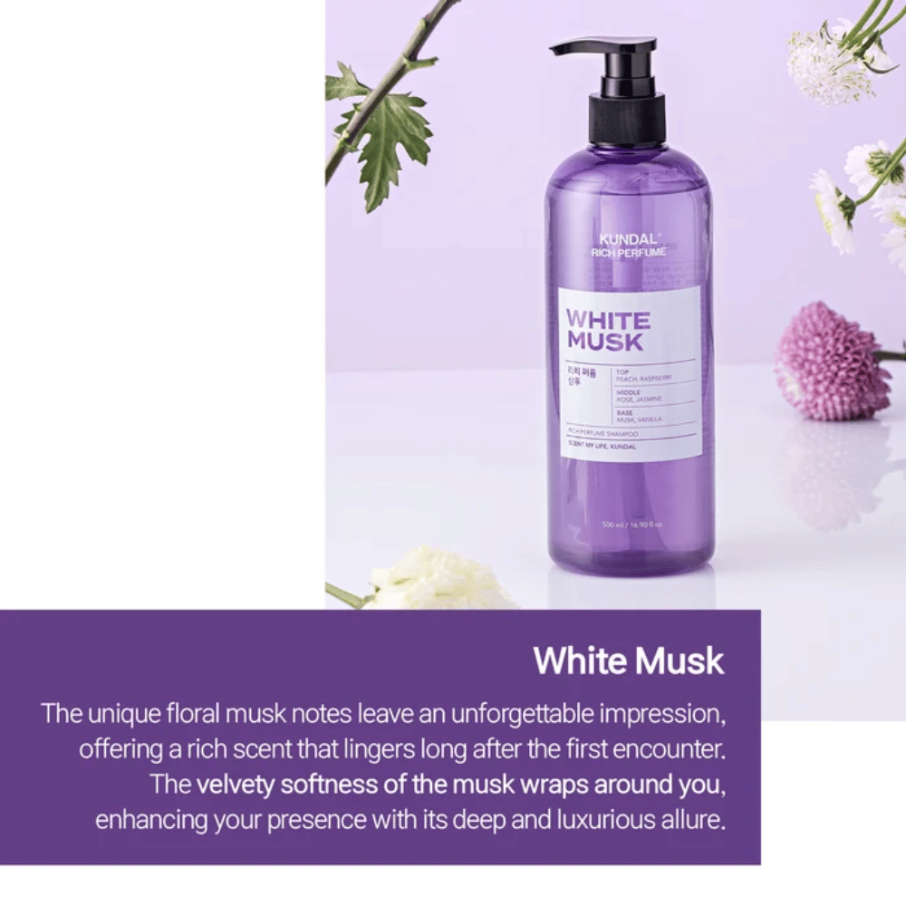 4. KUNDAL Rich Perfume Shampoo White Musk – flacon de shampoing violet aux notes florales et au doux parfum de musc