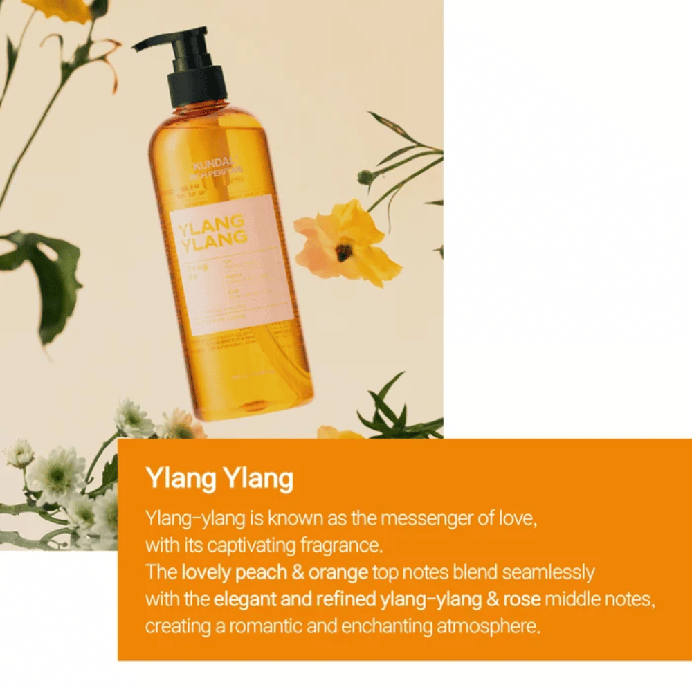 3. KUNDAL Rich Perfume Shampoo Ylang Ylang – flacon de shampoing orange au parfum floral et fruité
