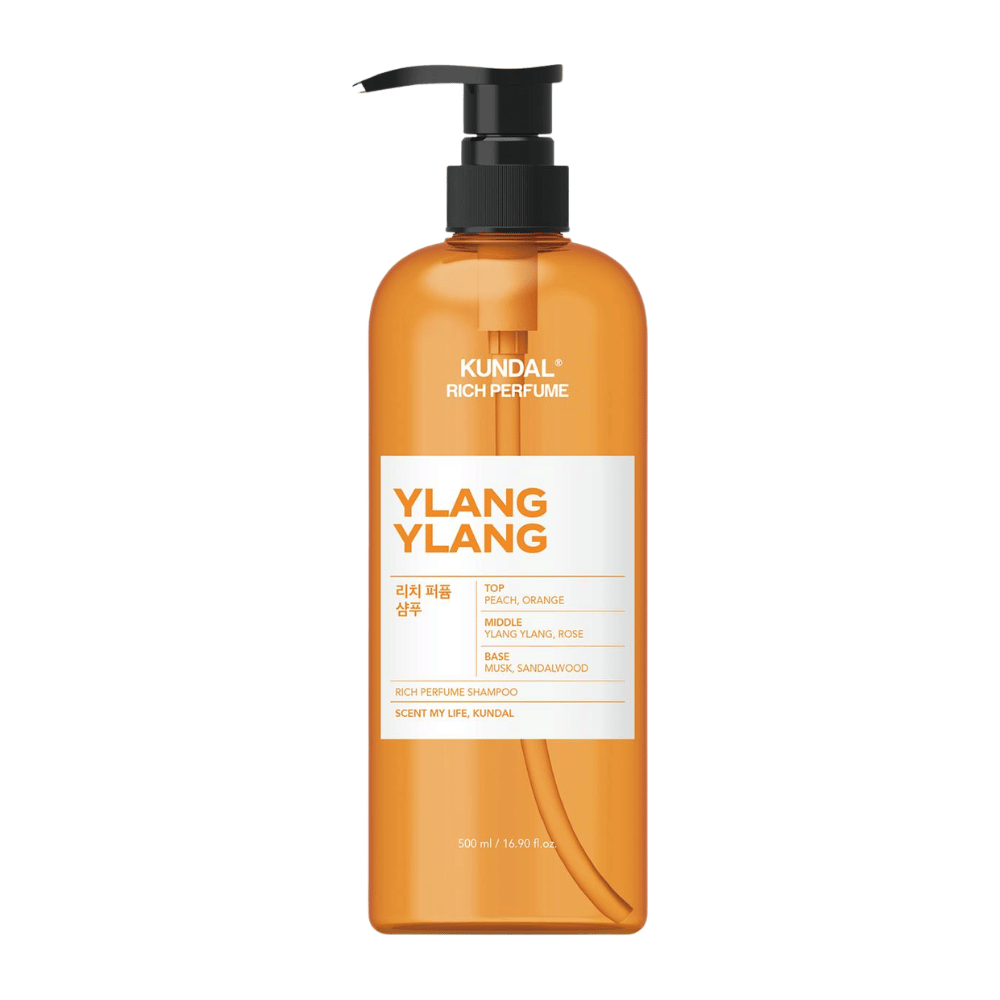 1. KUNDAL Rich Perfume Shampoo Ylang Ylang 500 ml – shampoing parfumé aux notes de pêche, d’orange, d’ylang-ylang et de rose