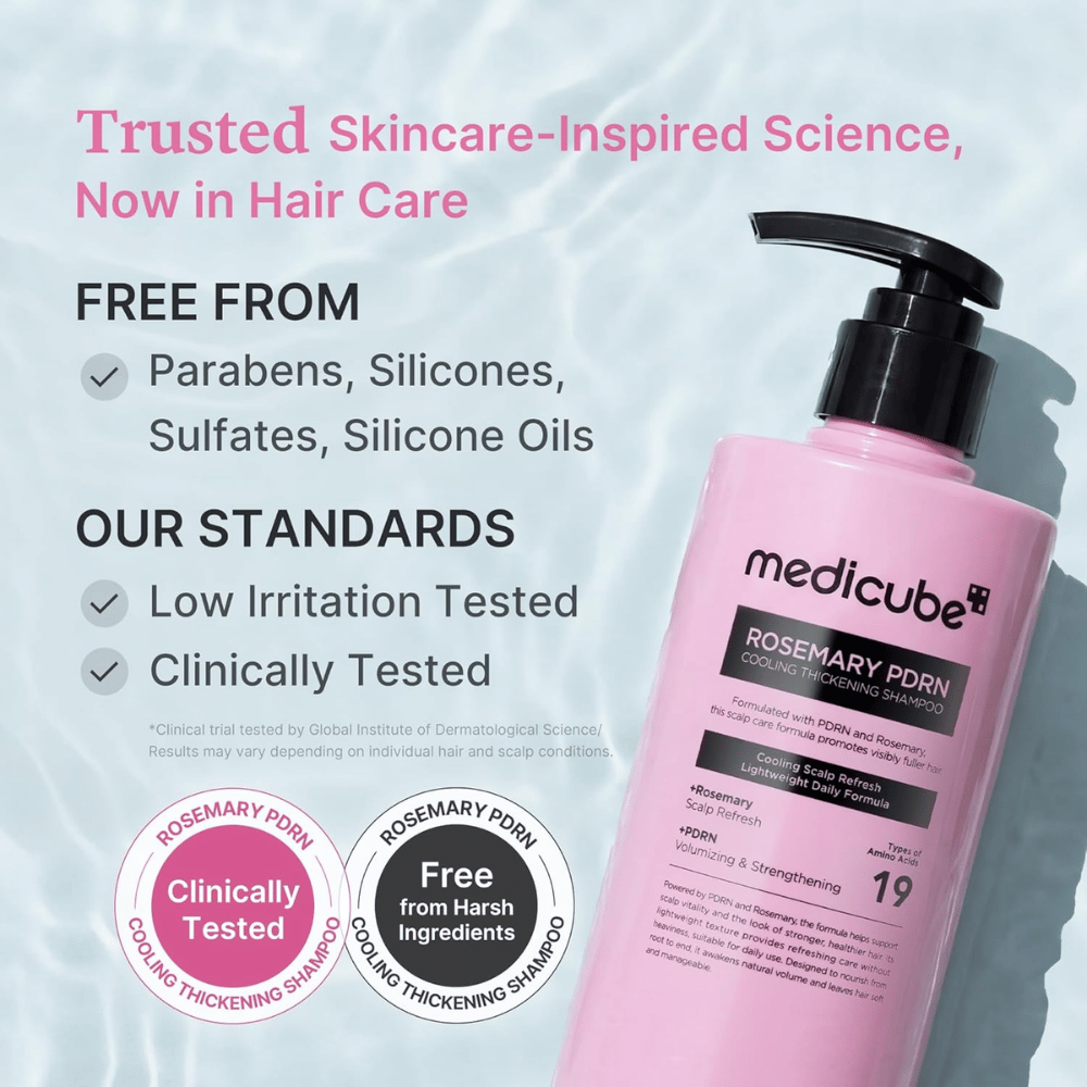Medicube Rosemary PDRN Cooling Thickening Shampoo avec une formule testée cliniquement, sans sulfates, silicones ni parabènes