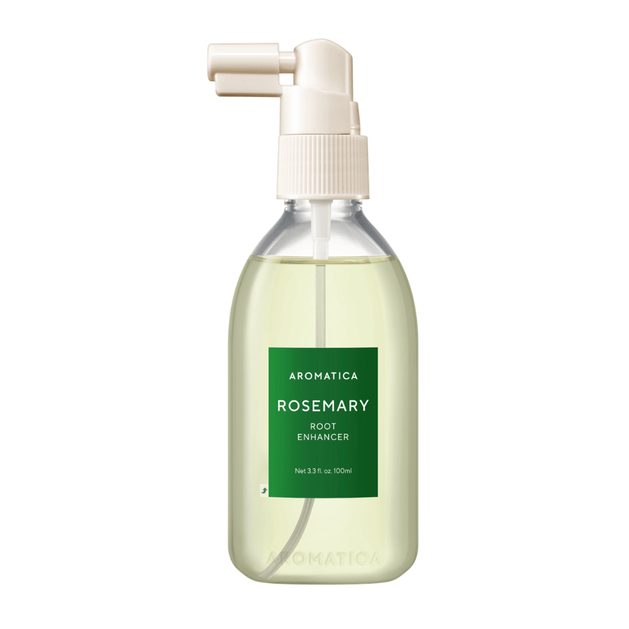 AROMATICA Rosemary Root Enhancer dans une bouteille transparente avec une étiquette verte et un embout applicateur pratique. Image détourée du produit montrant clairement le design de l’emballage et son contenu.