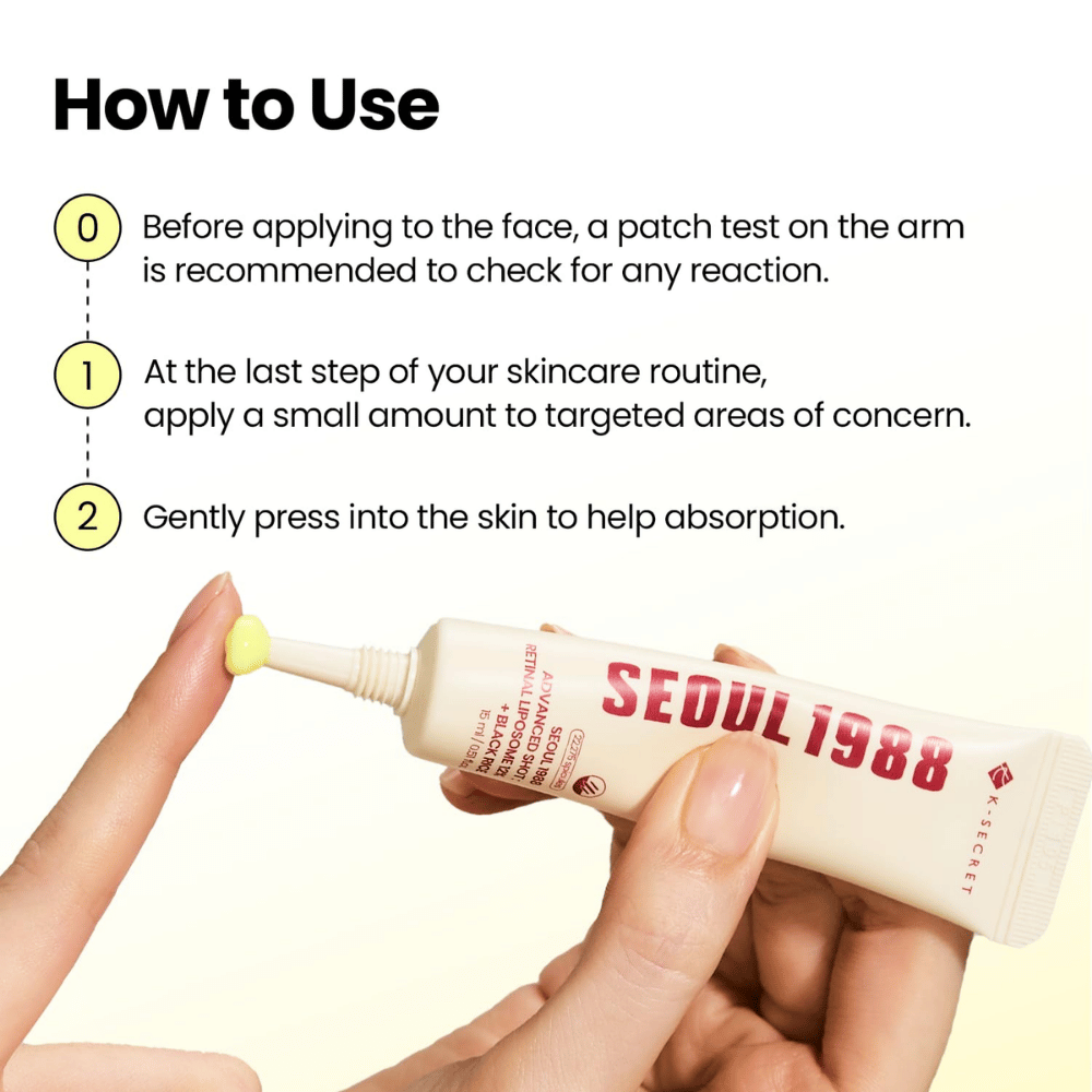 K-SECRET SEOUL 1988 Advanced Shot Retinal Liposome 12% + Black Rice – application du soin au rétinal comme dernière étape de la routine de soins de la peau.