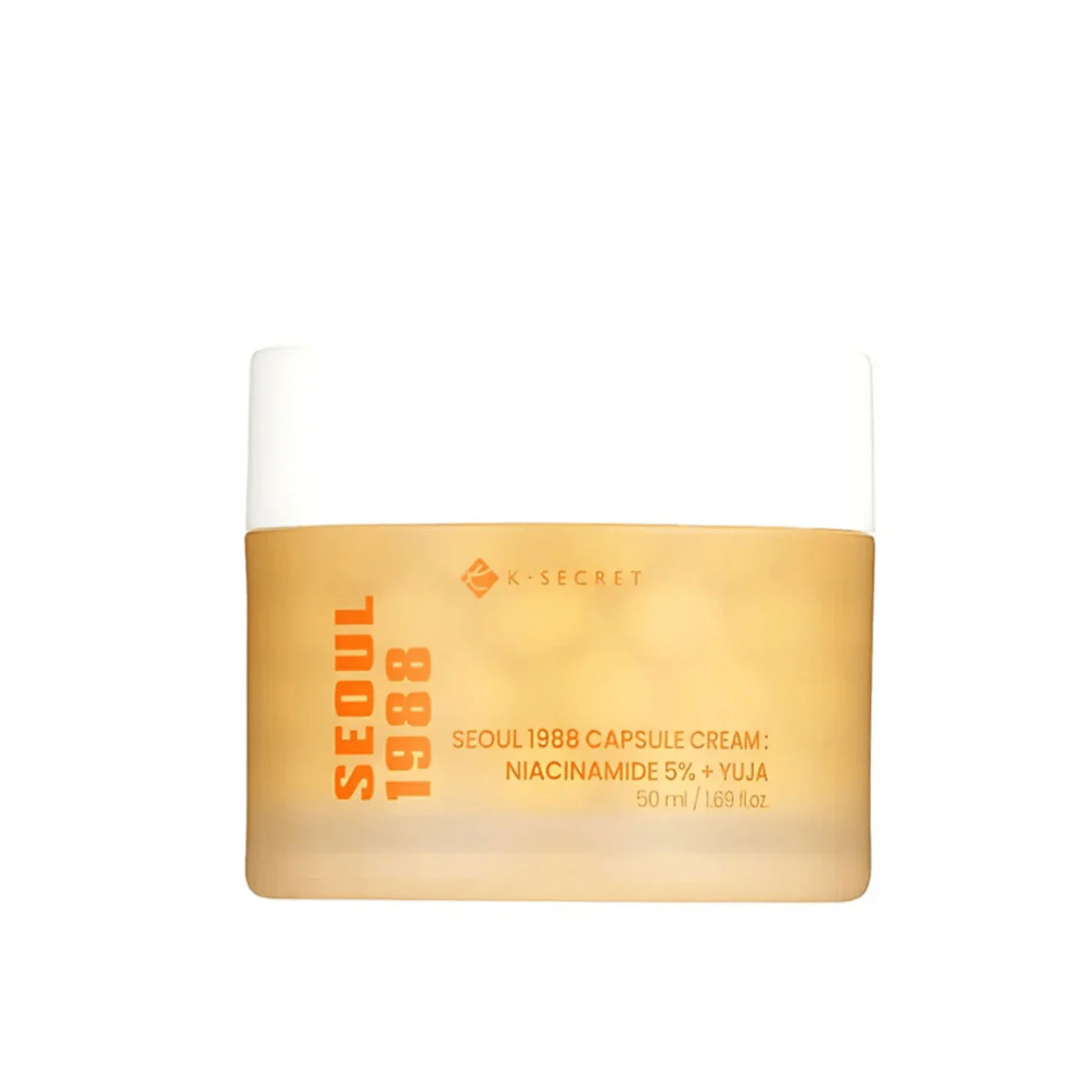 Pot de K-Secret Seoul 1988 Capsule Cream Niacinamide 5% + Yuja, 50 ml, dans un emballage doré designé.