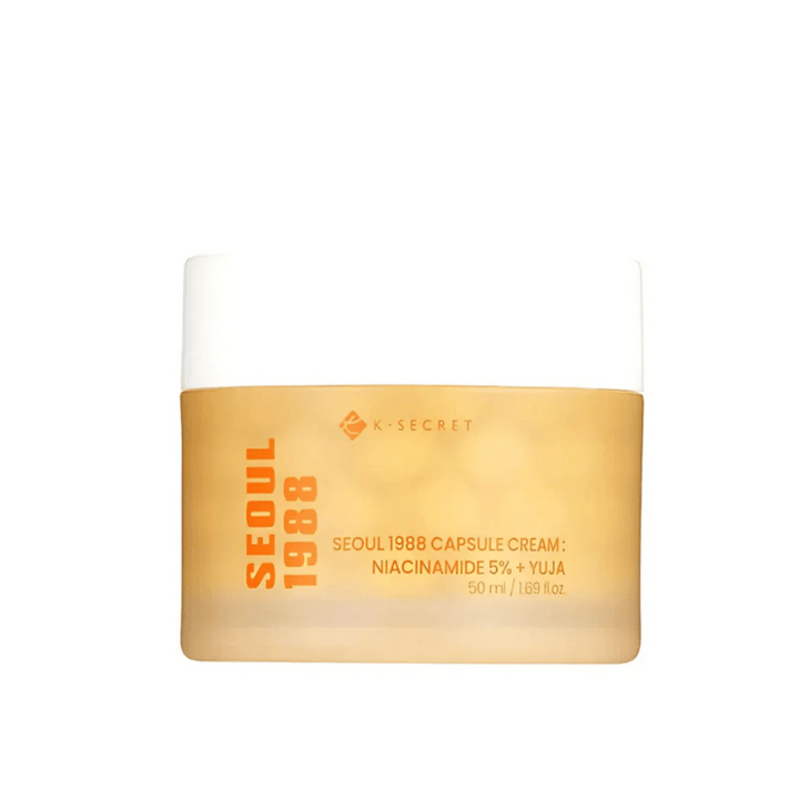 Pot de K-Secret Seoul 1988 Capsule Cream Niacinamide 5% + Yuja, 50 ml, dans un emballage doré designé.