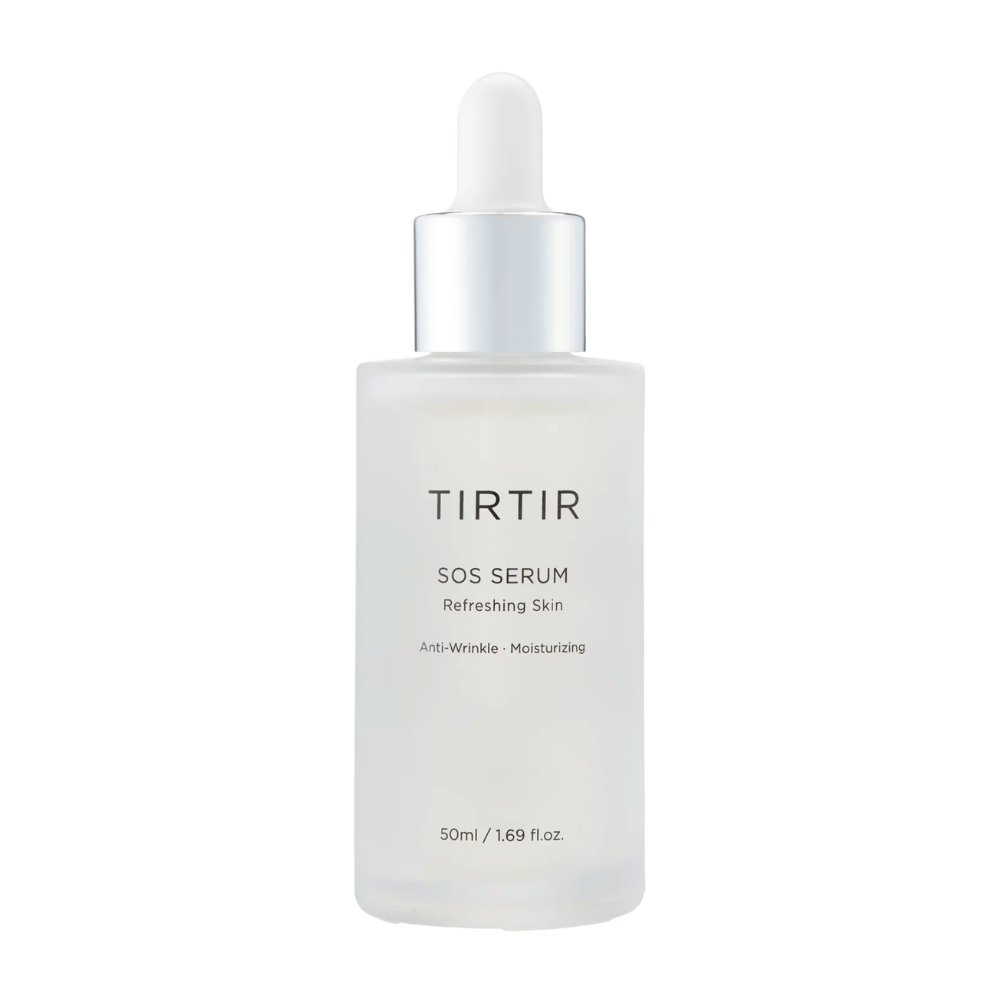 Bouteille avec TIRTIR SOS Serum, destinée à un soin de la peau rafraîchissant et hydratant.