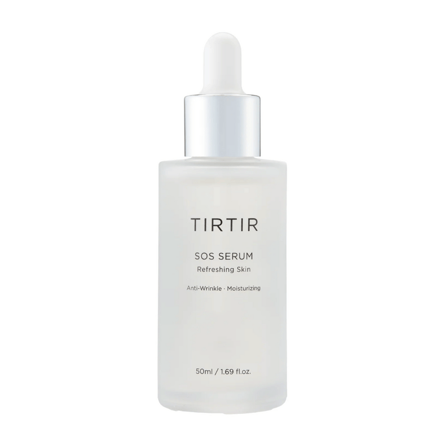 Bouteille avec TIRTIR SOS Serum, destinée à un soin de la peau rafraîchissant et hydratant.