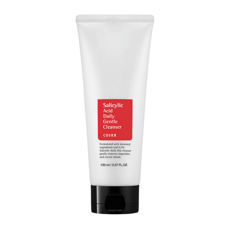 COSRX Salicylic Acid Daily Gentle Cleanser 150 ml dans un tube blanc avec un bouchon noir et une étiquette rouge.