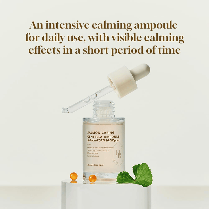 Heveblue Salmon Caring Centella Ampoule 30 ml avec PDRN et centella asiatica – ampoule intensément apaisante pour une utilisation quotidienne et une amélioration visible de la peau