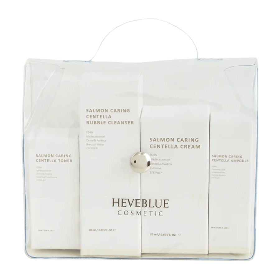 Heveblue Salmon Caring Centella Special Travel Kit ensemble de soins de la peau – routine de soins de la peau coréenne avec toner visage, nettoyant moussant, crème et ampoule avec Centella Asiatica et PDRN.