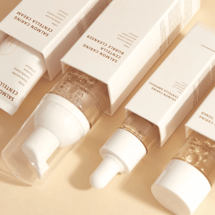 Heveblue Salmon Caring Centella Travel Kit ensemble de soins de la peau – produits de soins de la peau coréens avec Centella Asiatica et PDRN qui aident à hydrater, apaiser la peau et renforcer la barrière cutanée.