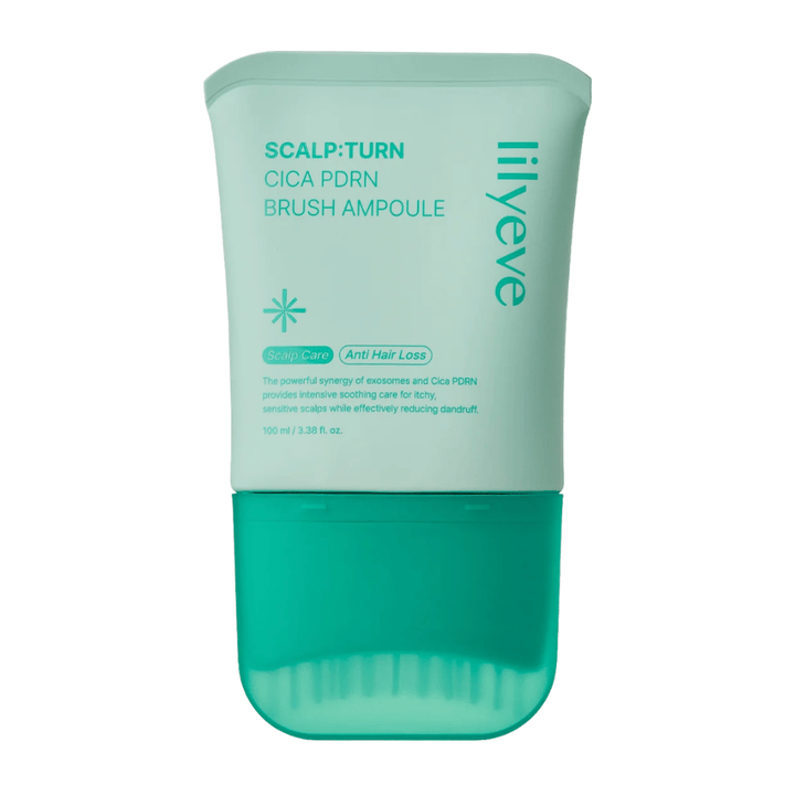 Image produit détourée de LILYEVE Scalp:Turn Cica PDRN Brush Ampoule sur fond blanc. Le design montre l’emballage turquoise avec un applicateur-brosse intégré pour une application facile directement sur le cuir chevelu.