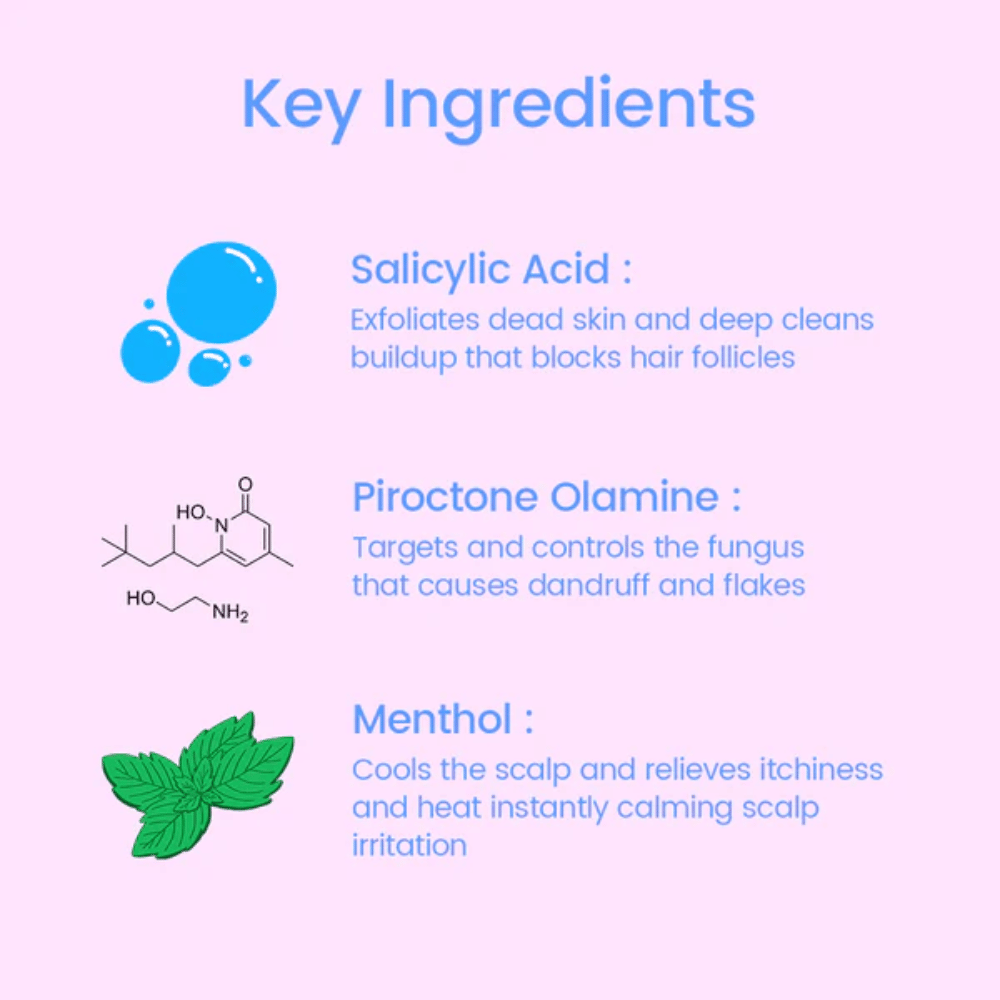 Image d’information sur les ingrédients clés de Scalpy Bubble Tonic, notamment l’acide salicylique pour l’exfoliation, la piroctone olamine contre les pellicules et le menthol qui rafraîchit et apaise le cuir chevelu.
