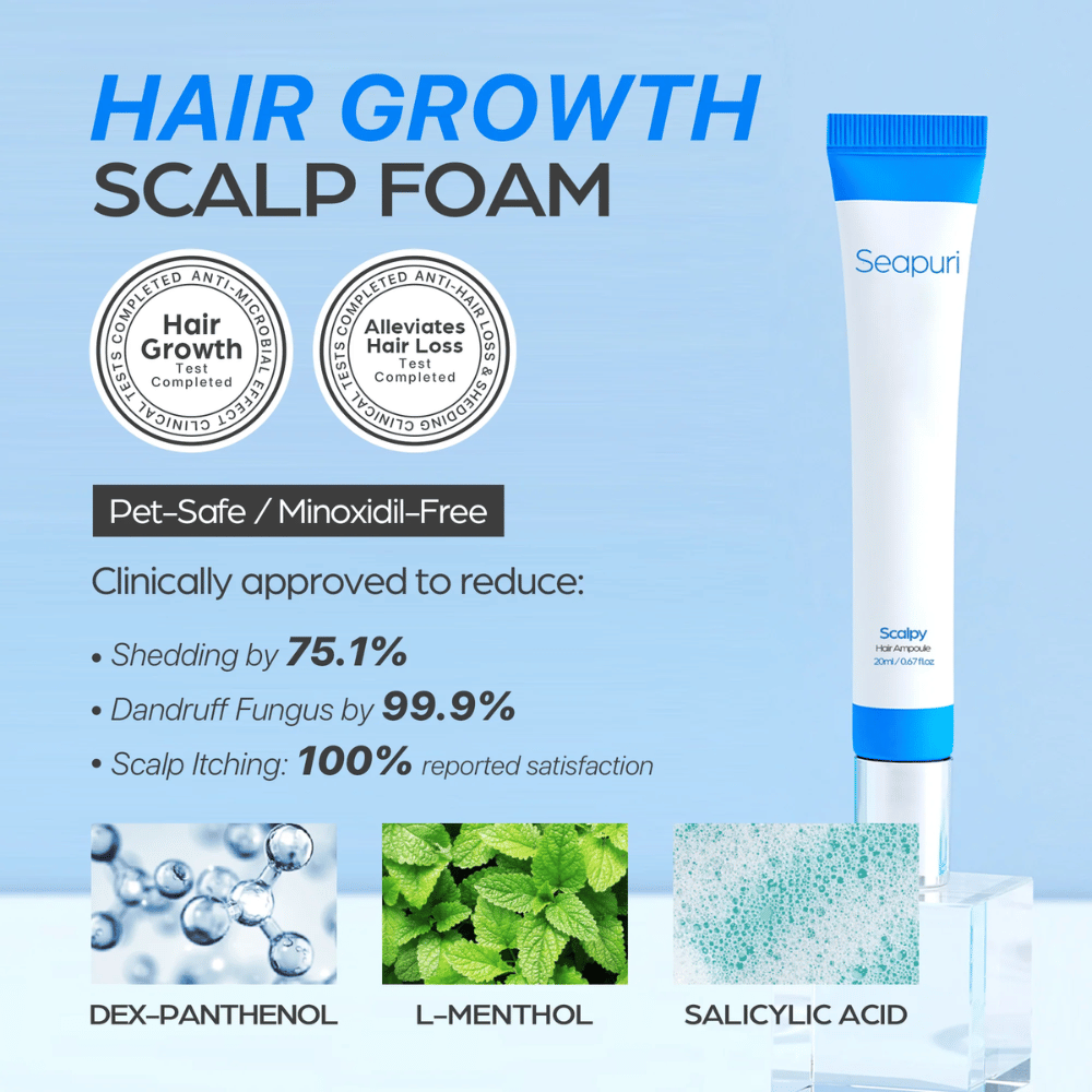 Seapuri Scalpy Hair Serum est affiché avec du texte mettant en avant l'efficacité cliniquement prouvée : réduction de la chute des cheveux et des pellicules, augmentation de la croissance des cheveux et apaisement du cuir chevelu.