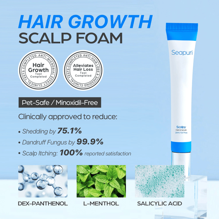 Seapuri Scalpy Hair Serum est affiché avec du texte mettant en avant l'efficacité cliniquement prouvée : réduction de la chute des cheveux et des pellicules, augmentation de la croissance des cheveux et apaisement du cuir chevelu.