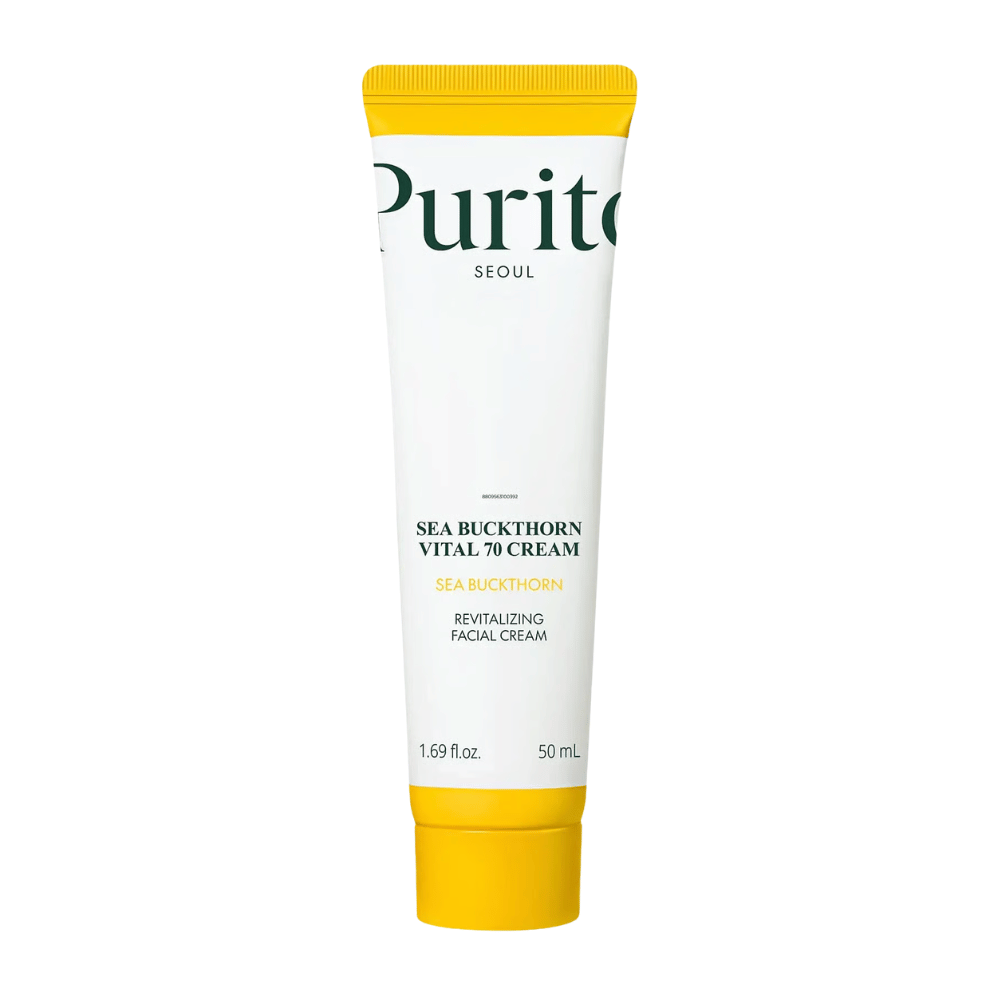 2. Purito SEOUL Sea Buckthorn Vital 70 Cream 50 ml – crème visage hydratant avec 70 % d’extrait d’argousier dans un tube blanc avec bouchon jaune sur fond blanc