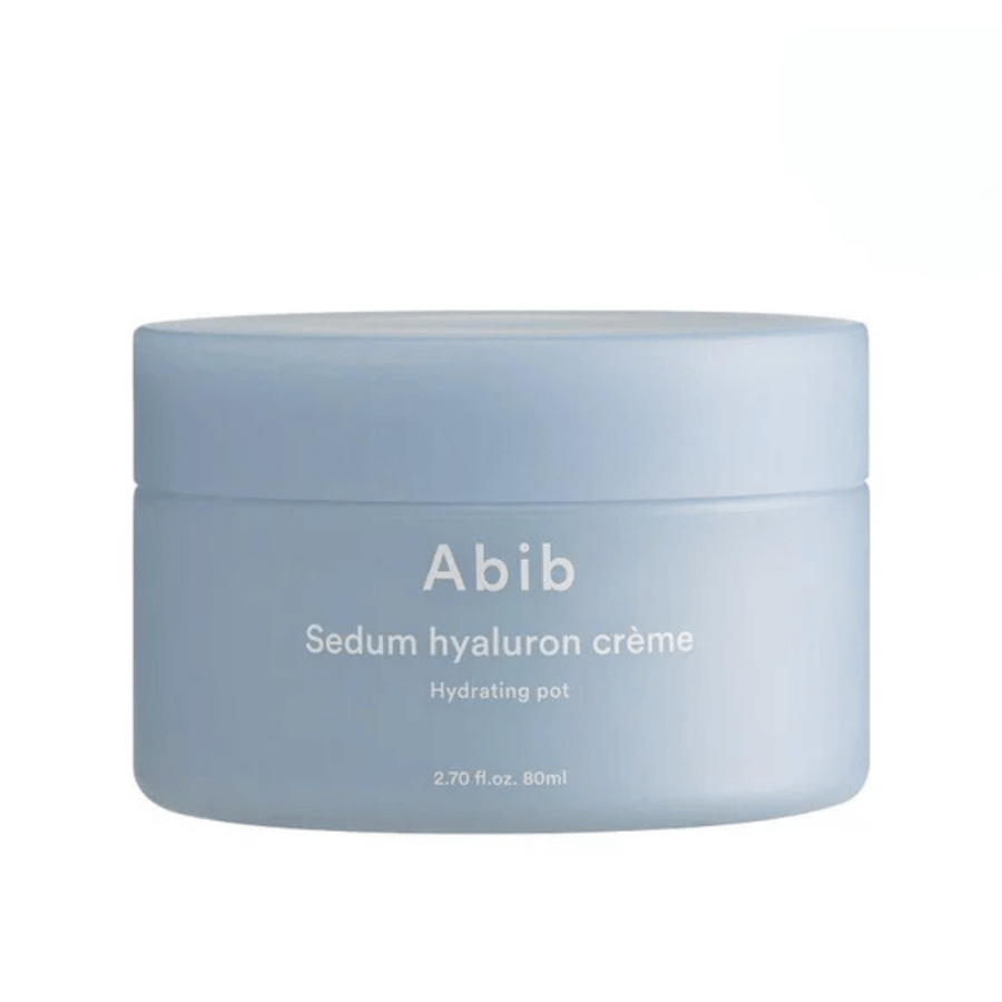 Abib Sedum Hyaluron Crème Hydrating Pot 80 ml dans un pot rond élégant, bleu clair avec du texte blanc.