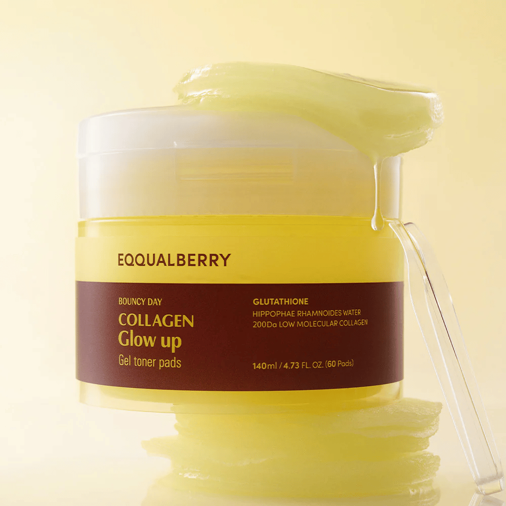 Bouncy Day Collagen Glow up Gel Toner Pads contenant du collagène à faible poids moléculaire et du glutathion pour donner à la peau un éclat sain et de l'hydratation.