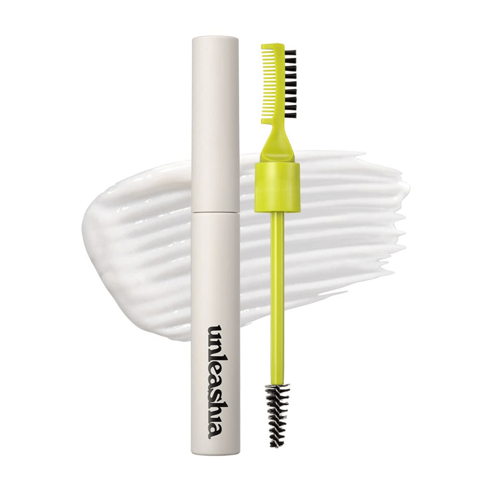 Pomade à sourcils "unleashia" avec applicateur, peigne vert et brosse noire sur un fond blanc ondulé.