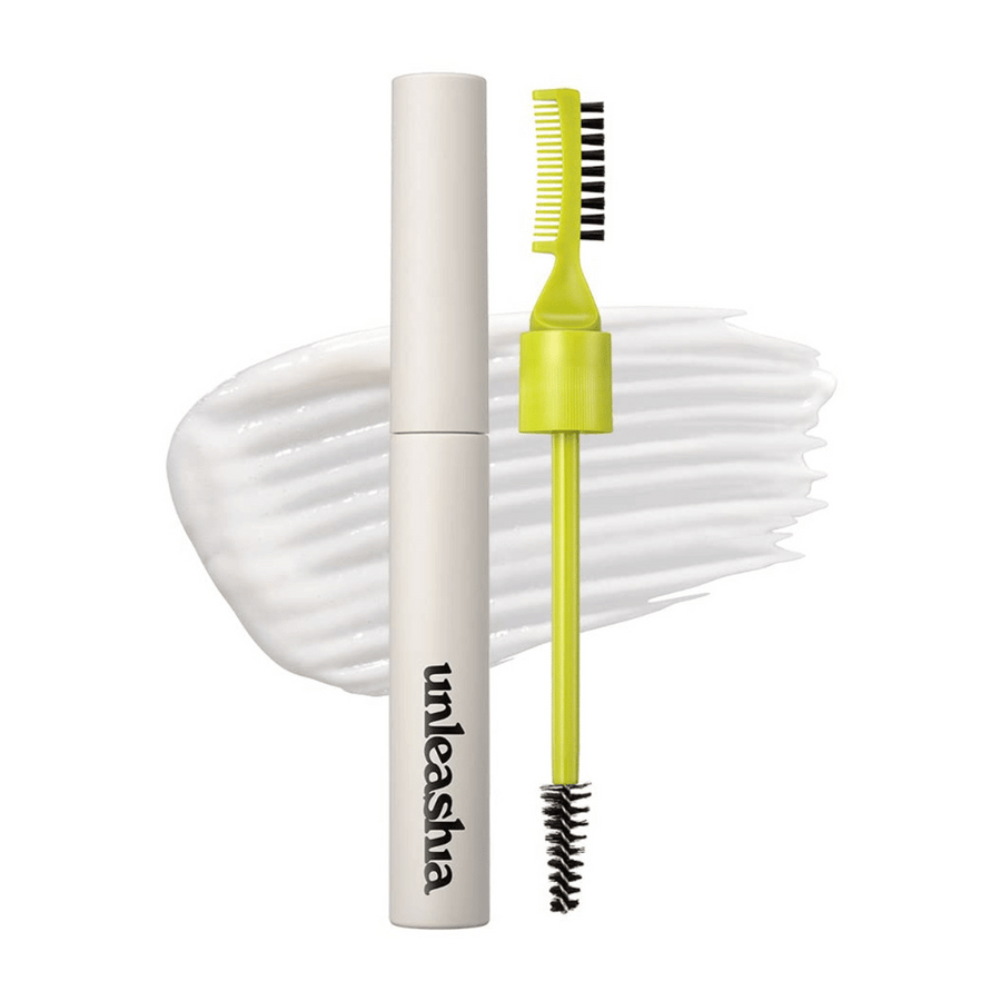 Pomade à sourcils "unleashia" avec applicateur, peigne vert et brosse noire sur un fond blanc ondulé.