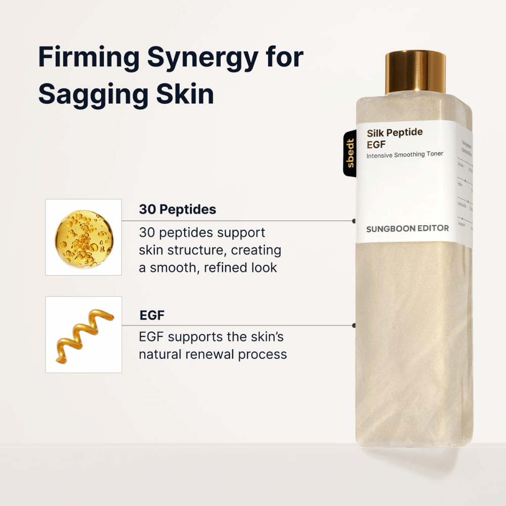 SUNGBOON EDITOR Silk Peptide EGF Intensive Smoothing Toner – toner visage avec 30 peptides et EGF pour une peau plus uniforme