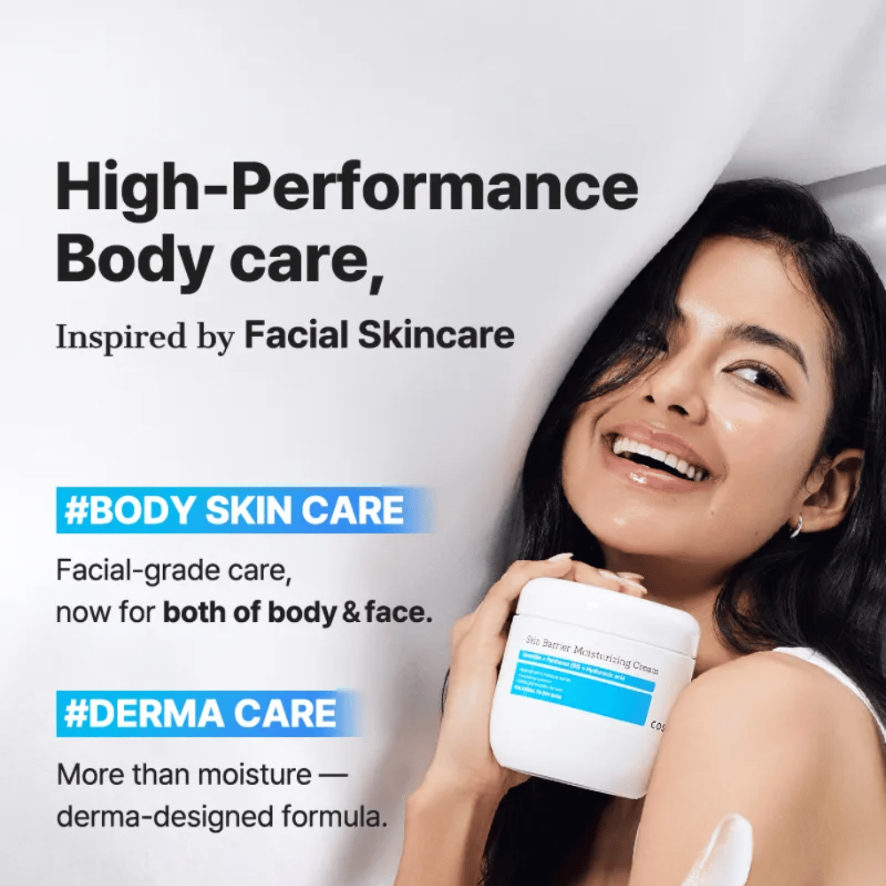 Femme avec COSRX Skin Barrier Cream – soin corporel puissant avec qualité de soin du visage et dermaformula.