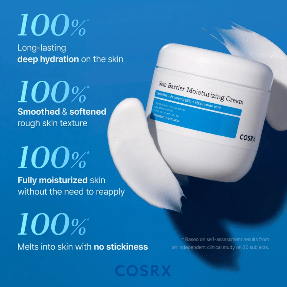 Résultats cliniques pour COSRX Skin Barrier Cream – 100 % ressentent une hydratation durable et une peau plus douce sans collant.