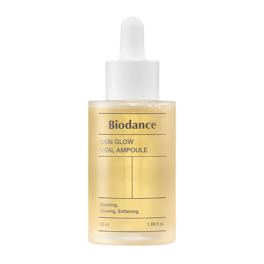 Flacon avec Biodance Skin Glow Vital Ampoule, une ampoule pour le visage qui booste, illumine et adoucit la peau. Contient 50 ml et est conçue pour donner à la peau une sensation éclatante et revitalisée.