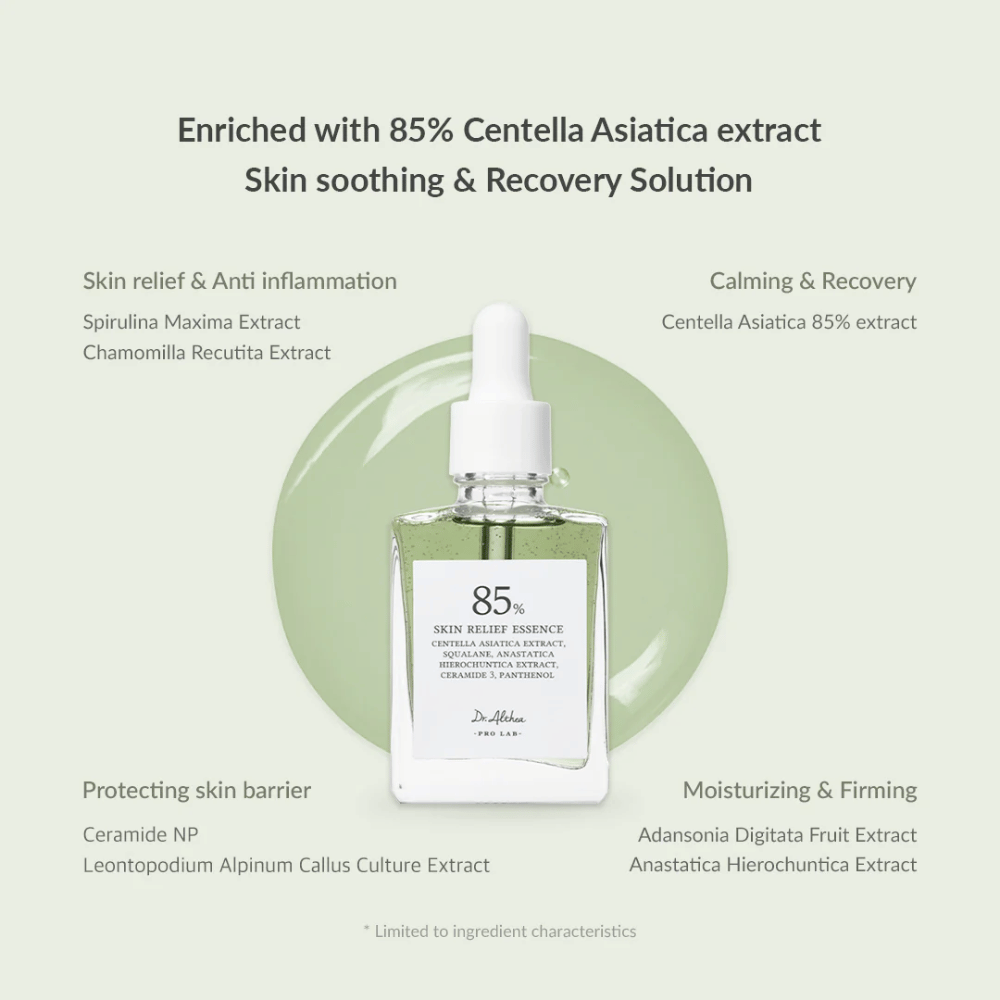 Dr. Althea Skin Relief Essence est enrichi avec 85 % d'extrait de Centella Asiatica et offre des soins apaisants et réparateurs. Contient des ingrédients anti-inflammatoires tels que la spiruline et la camomille, des céramides pour renforcer la barrière cutanée ainsi que des extraits hydratants de baobab et d'anastatica. Parfait pour les peaux sensibles, rouges et stressées.