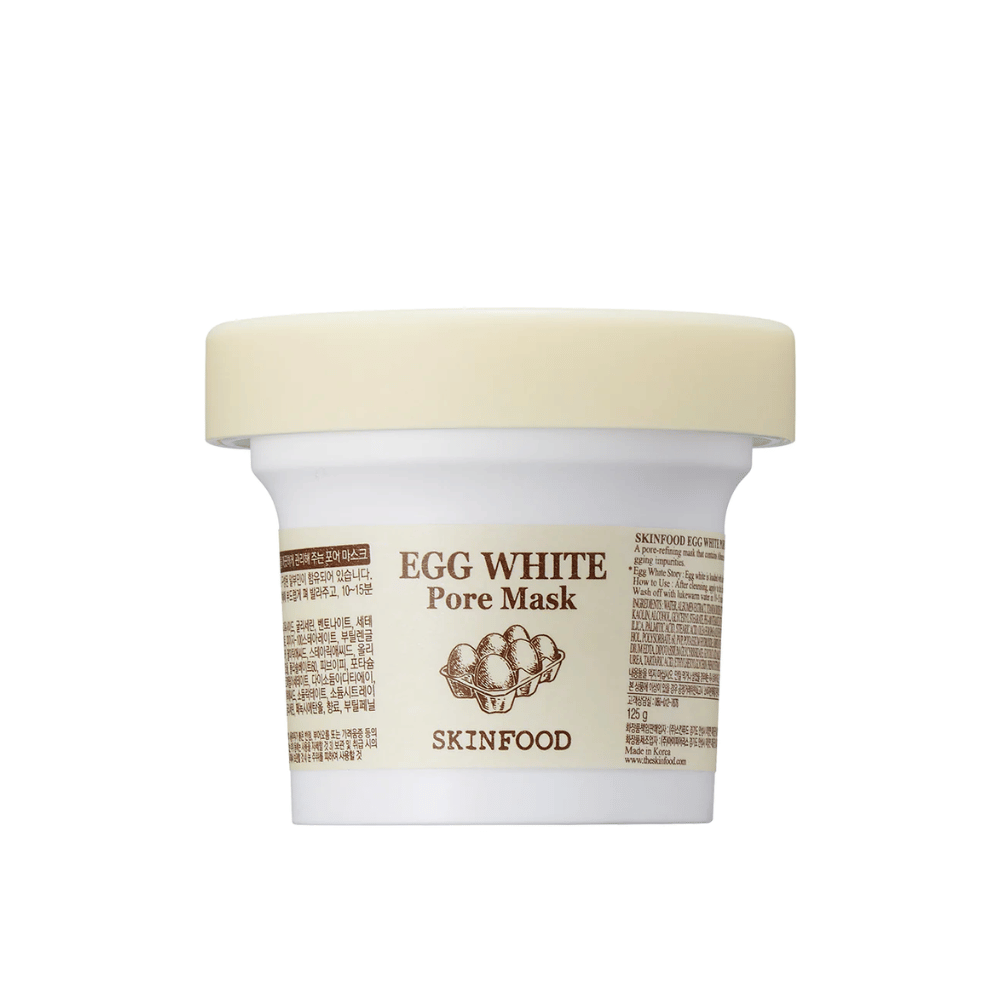 EN SKINFOOD Egg White Pore Mask 120g sur fond blanc, conçu pour le nettoyage des pores et l'amélioration de la peau.