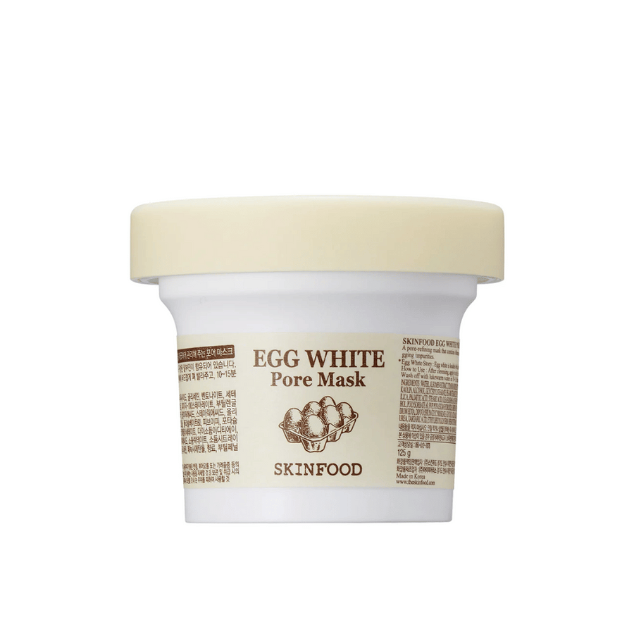 EN SKINFOOD Egg White Pore Mask 120g sur fond blanc, conçu pour le nettoyage des pores et l'amélioration de la peau.