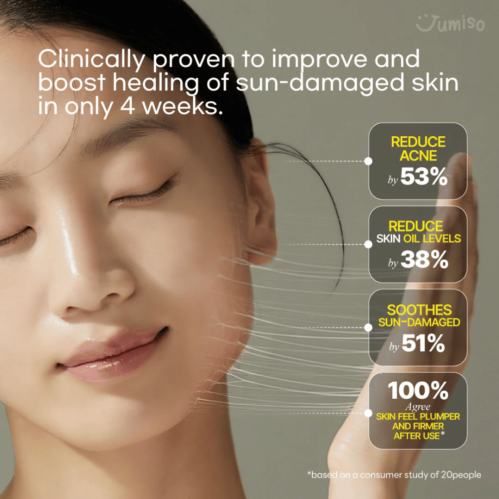 Femme souriante avec une peau lisse et éclatante illustrant les effets de Jumiso Snail Mucin 95 + Peptide. Amélioration cliniquement prouvée de la peau endommagée par le soleil en 4 semaines.
