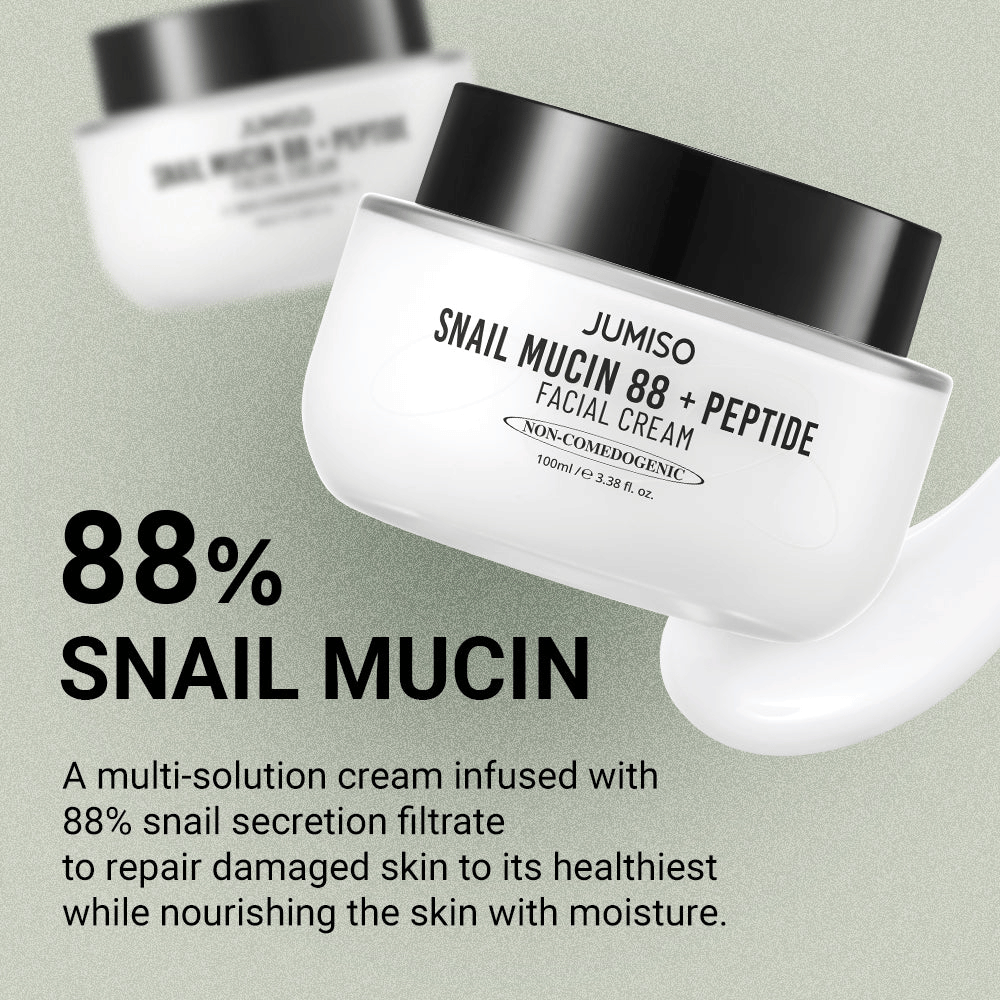 JUMISO Snail Mucin 88 + Peptide Facial Cream avec 88 % de filtrat de sécrétion d'escargot, conçu pour réparer la peau endommagée et hydrater en profondeur. Le texte sur l'image décrit ses propriétés réparatrices et hydratantes.