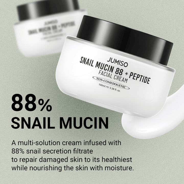 JUMISO Snail Mucin 88 + Peptide Facial Cream avec 88 % de filtrat de sécrétion d'escargot, conçu pour réparer la peau endommagée et hydrater en profondeur. Le texte sur l'image décrit ses propriétés réparatrices et hydratantes.