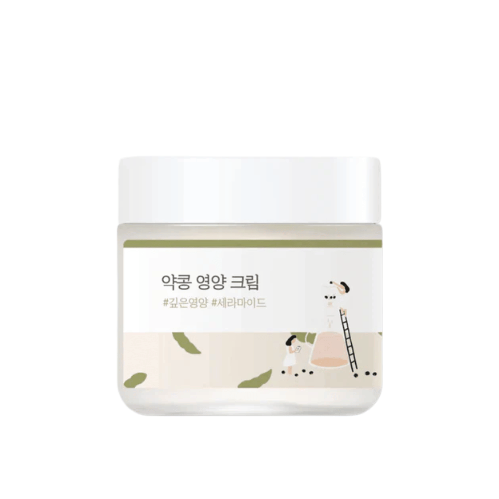 Mixsoon Soybean Nourishing Cream dans un pot en verre avec un couvercle blanc et une étiquette verte. Une crème profondément nourrissante pour la peau sèche et sensible.
