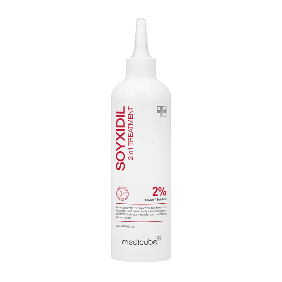 Image du produit de Medicube Soyxidil 2in1 Treatment en bouteille blanche avec texte rouge. Contient 2% de SoyAct™ Solution pour renforcer les cheveux et le cuir chevelu.