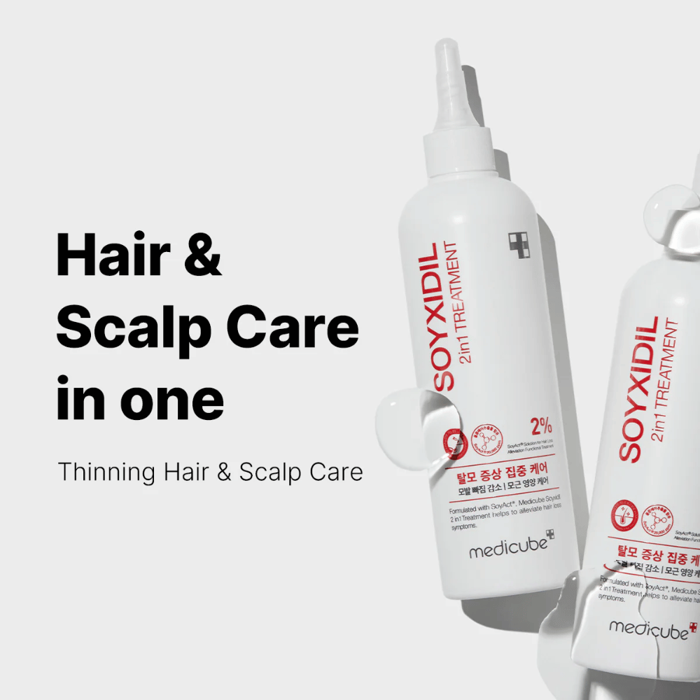 Medicube Soyxidil 2in1 Treatment affiché avec le texte ”Soins des cheveux et du cuir chevelu en un – Soins des cheveux clairsemés et du cuir chevelu”. Pour des cheveux plus forts et un cuir chevelu plus sain.