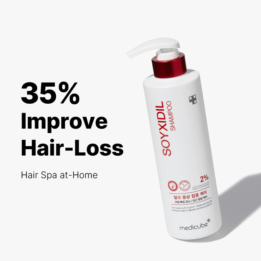 Medicube Soyxidil Shampoo affiché avec le texte : « 35% Amélioration de la perte de cheveux – Spa capillaire à domicile ». Shampooing pour la chute des cheveux et un cuir chevelu sain.