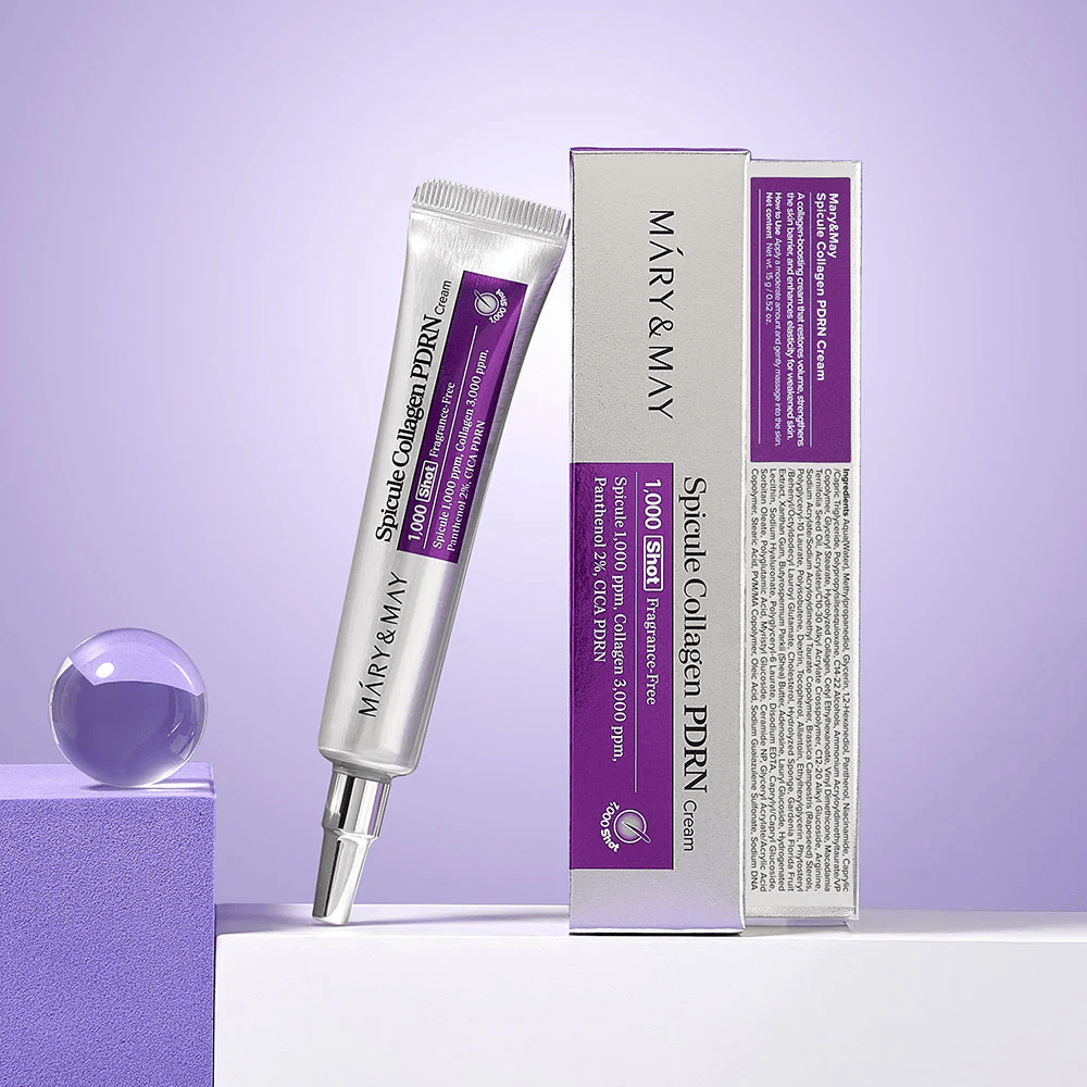 Mary & May Spicule Collagen PDRN Cream à côté de l'emballage d'origine, crème visage régénérant avec collagène, PDRN et spicule.