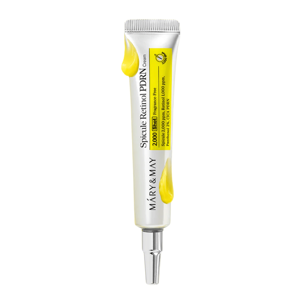 Image du produit de MARY & MAY Spicule Retinol PDRN Cream en tube sur fond blanc, une crème pour le visage active avec rétinol et PDRN adaptée aux peaux matures et inégales.