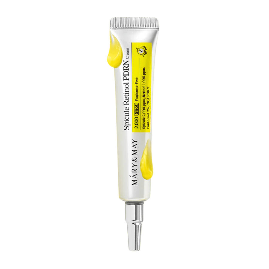 Image du produit de MARY & MAY Spicule Retinol PDRN Cream en tube sur fond blanc, une crème pour le visage active avec rétinol et PDRN adaptée aux peaux matures et inégales.