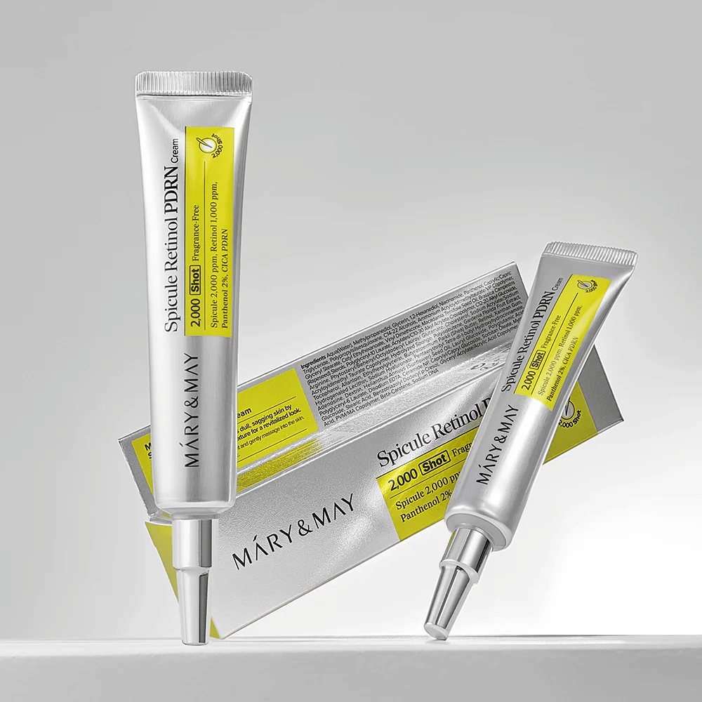 MARY & MAY Spicule Retinol PDRN Cream en tube avec emballage d'origine, une crème pour le visage coréenne avec rétinol et PDRN qui soutient la régénération de la peau.