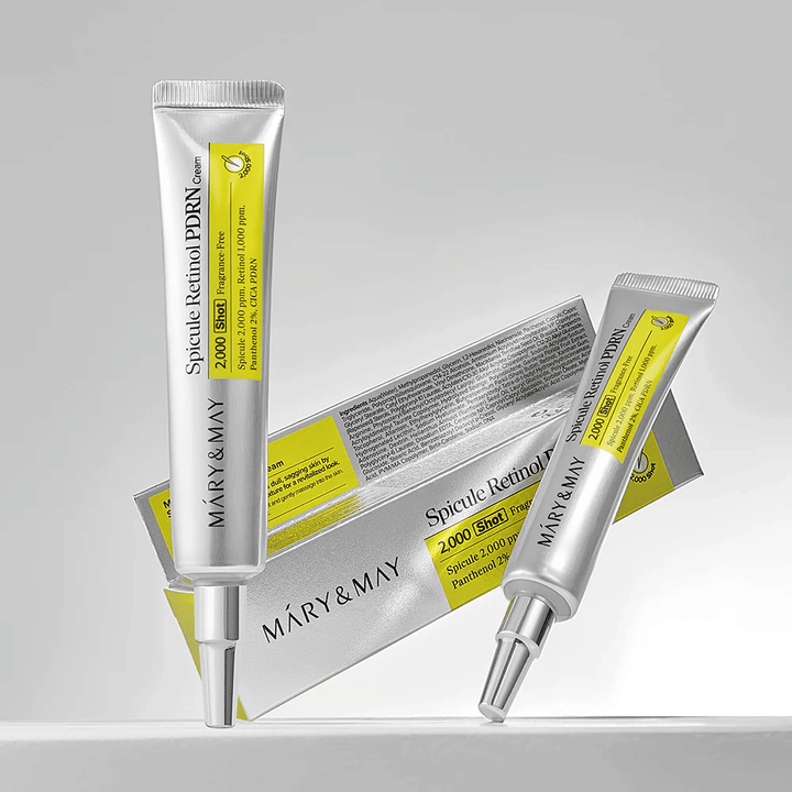 MARY & MAY Spicule Retinol PDRN Cream en tube avec emballage d'origine, une crème pour le visage coréenne avec rétinol et PDRN qui soutient la régénération de la peau.